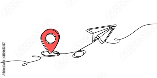 One line location pin and paper plane, minimalist continuous line drawing, travel and destination concept