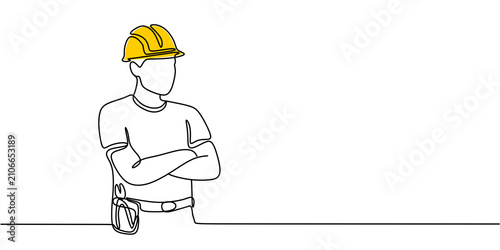 One line construction worker, minimalist continuous line drawing, builder and construction industry concept