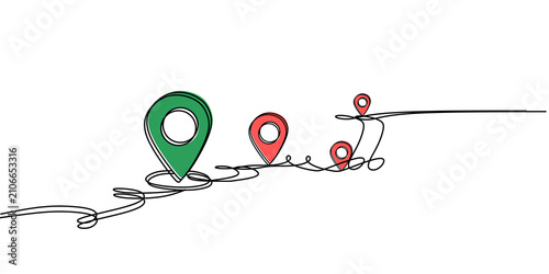 One line route between location pins, minimalist continuous line drawing, navigation and travel concept