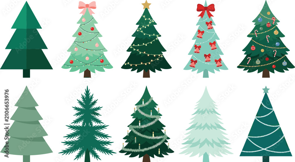 Fototapeta premium Set of Christmas tree vectors with various festive decorations, lights, ornaments, stars, and bows isolated on a white background for holiday design.