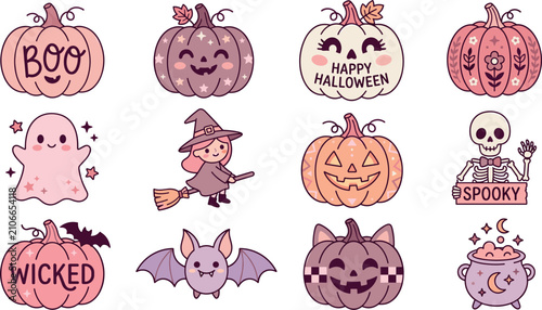 Foto Collection of retro cartoon pastel Halloween quote badges including jack o lantern cauldron and wicked boo text graphics vector sticker pack assets for kids planners