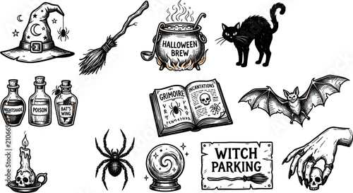 Fotografie Vintage witchcraft vector illustration sketch set featuring hand drawn gothic occult elements including witch hat cauldron black cat bat potion bottles and spell book