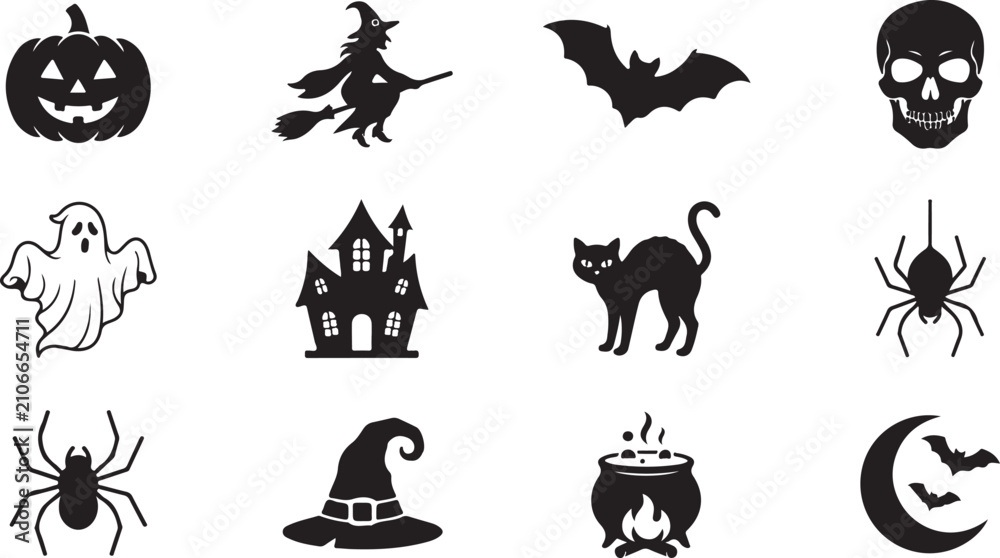 Fototapeta premium Black Halloween Silhouette Icons with Pumpkin Skull Bat Witch and Ghost