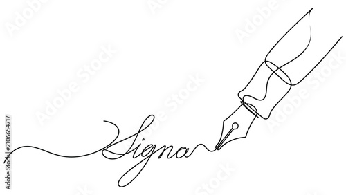Pen with signature Minimalist Continuous One Line Drawing, Modern Vector Line Art Isolated on White Background