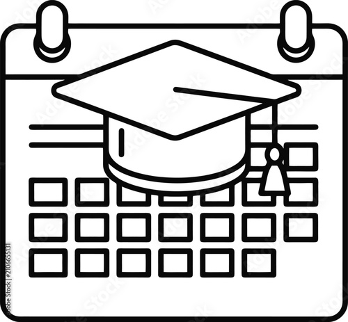 Canvastavla Monoline Graduation Cap Icon on Monthly Calendar Grid Sheet Isolated on White Ba
