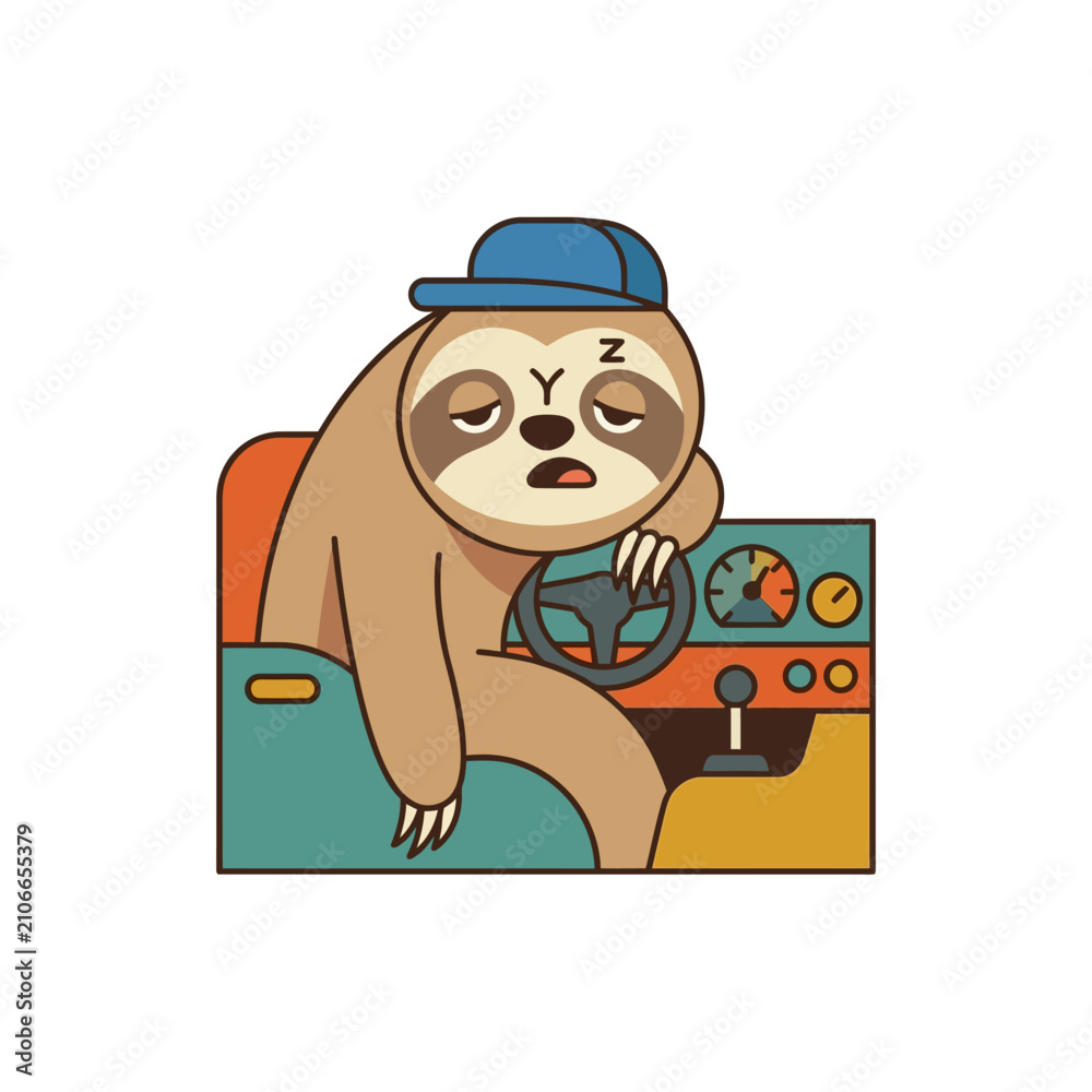 Fototapeta premium Tired Sloth Driving Car, Exhausted Driver, Sleepy Animal Character, Vector Illustration