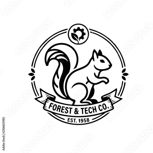 Vintage Inspired Squirrel Emblem, Simple Line Art, Bold Outlines