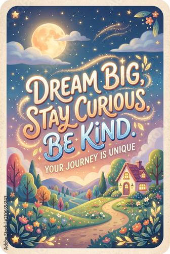 Whimsical night landscape poster with inspirational quote 