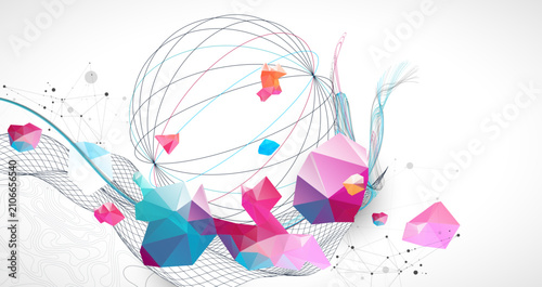 Obraz na płótnie Abstract art background with scientific geometric concepts colorful low poly crystals and delicate wave lines