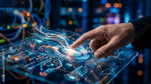 A human finger touching a glowing digital circuit board with blue light effects for modern computer technology concepts