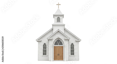Obraz na płótnie Classic white wooden church with a steeple and cross on a bright background