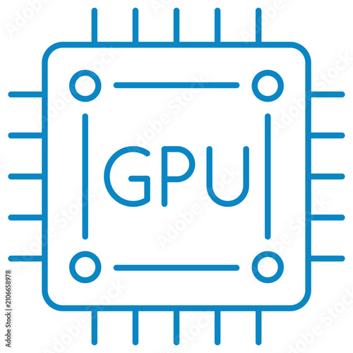 GPU microchip vector line icon. Graphics processing unit hardware symbol representing video cards, rendering power, and computer performance