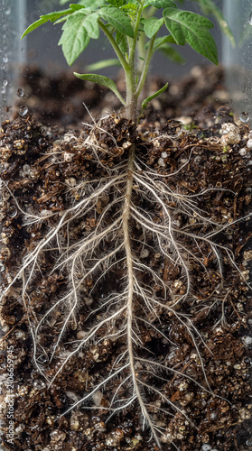 Young plant roots in soil.