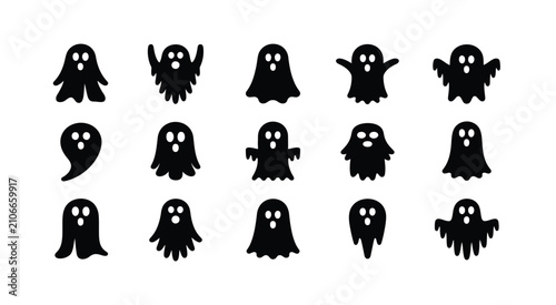 Foto collection of black ghost silhouettes with varied shapes and expressions for hal