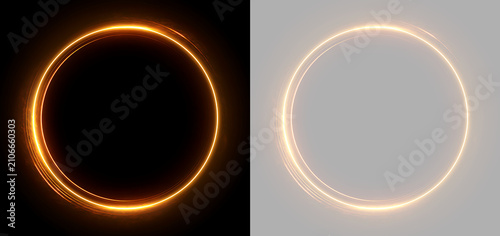 Fotografie Glowing fiery gold circle frame on black and transparent backgrounds