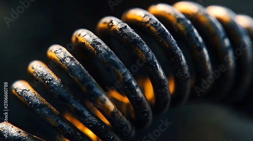 Close-up of a rusty, dark metal coil spring.