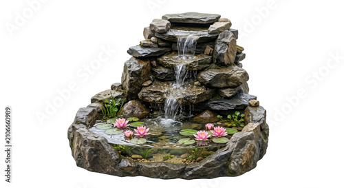Cuadro en lienzo Serene rock waterfall cascades into a tranquil pond with pink water lilies
