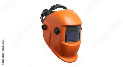 Obraz na płótnie Orange welding helmet with auto-darkening lens and adjustable head strap