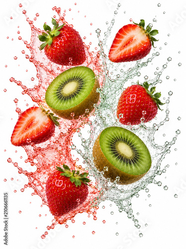 Fresh Strawberries and Kiwi Halves Splashing in Water and Juice.