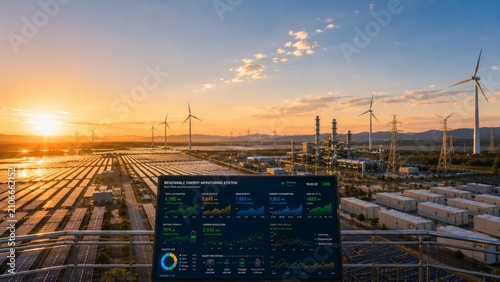 Panoramic Smart Renewable Energy Monitoring System with Solar Farm, Wind Turbines, Battery Storage and Industrial Power Plant at Sunset