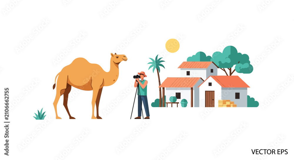 Naklejka premium Photographer Captures Camel in Desert Village