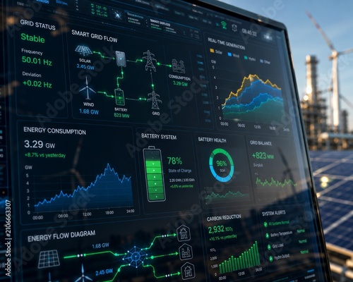 Close-Up Smart Grid Monitoring Dashboard with Renewable Energy Analytics, Battery Storage and Solar Power System