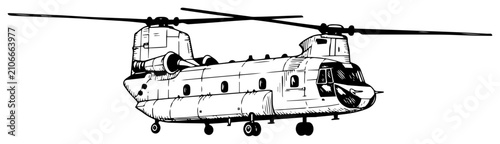 Bild auf Leinwand Military transport helicopter illustration heavy lift twin rotor aircraft sketch