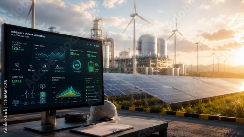 Engineer Workstation with Renewable Energy Monitoring Dashboard, Solar Farm, Wind Turbines and Battery Storage at Golden Hour