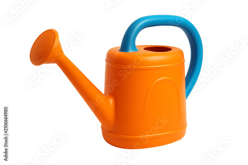 Bright orange and blue plastic gardening watering can tool isolated on a dark background for home garden and plant care themes.