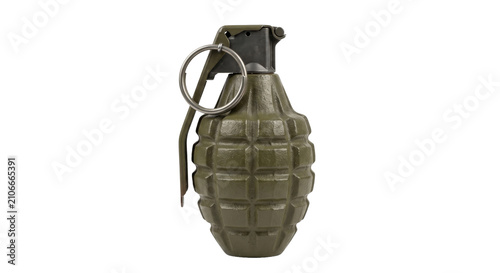 Фотография Olive green fragmentation hand grenade with safety lever and pull ring