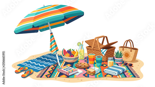 Beach Picnic Blanket with Umbrella and Food