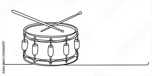 Konstfotografi A single continuous line drawing of a snare drum with two wooden drumsticks rest