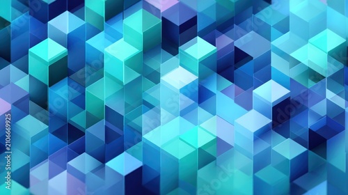Abstract composition featuring overlapping, translucent cubes in various shades of blue, creating a sense of depth and geometric complexity