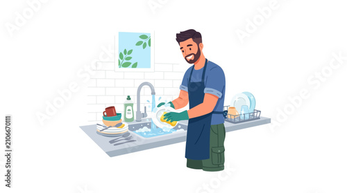 Man happily washing dishes in a modern kitchen sink with soap and sponge wearing an apron and gloves