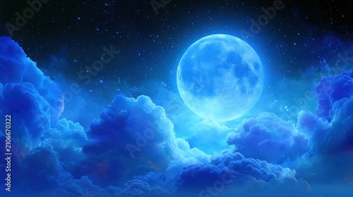 Vast blue moon illuminating the night sky with stars and clouds