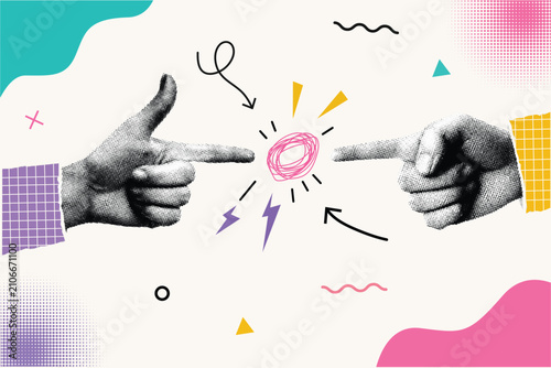 Cuadro en lienzo Halftone Collage with Two Hands Pointing Finger Gun Gesture