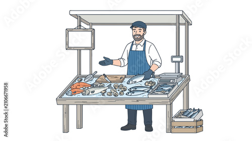 Fishmonger standing at a market stall displaying fresh fish and shellfish on ice with a scale and signage