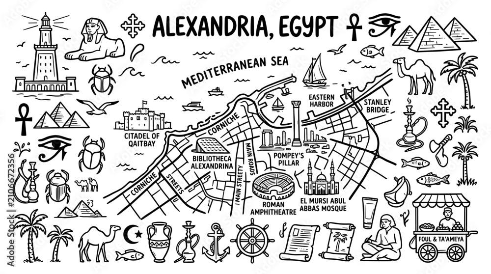 Obraz premium Alexandria Egypt Landmarks and Travel Doodles in Black Line Art Style