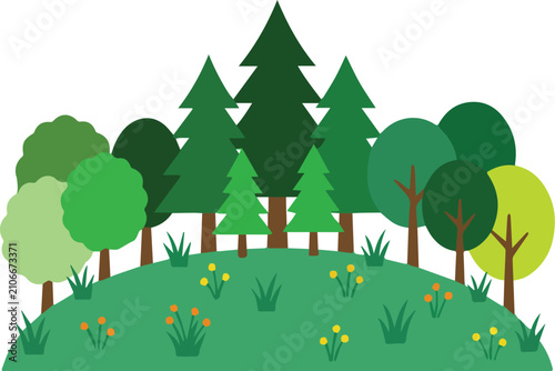 Beautiful pine forest and spring meadow flat vector design