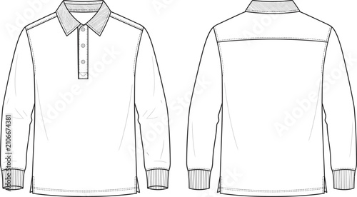 Fashion design technical sketch of a classic long sleeve polo shirt with ribbed cuffs and button placket