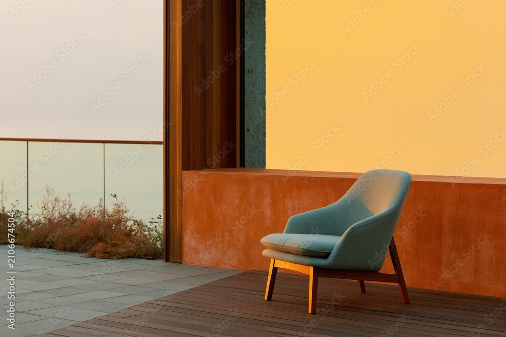 Obraz premium Minimalist modern lounge chair on a balcony at sunset with ocean view for interior background and banner design
