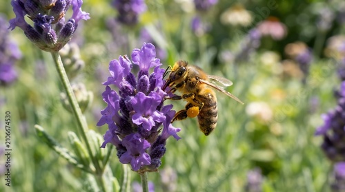 Bee pollinating purple lavender flower in soft focus garden sunlight