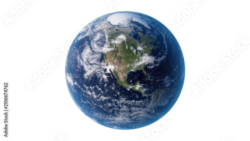 Isolated realistic Earth globe focused on North America continent with visible clouds and blue oceans