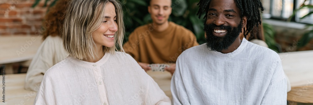 Obraz premium Happy diverse couple sitting in a casual coworking space for community banner and team background
