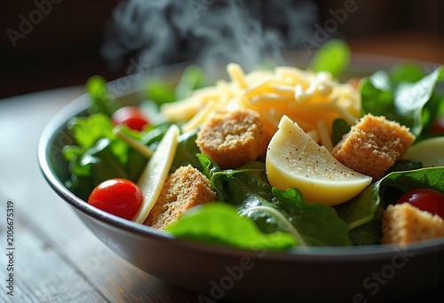 Crispy Crouton Caesar Salad Chilled Metal Bowl Fresh Greens Crunchy Garnish Crunch Bowling Harmony