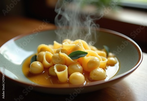 Delicate Gnocchi Pasta with Sage Brown Butter in Shallow Ceramic Bowl Captured in Artistic Close-up