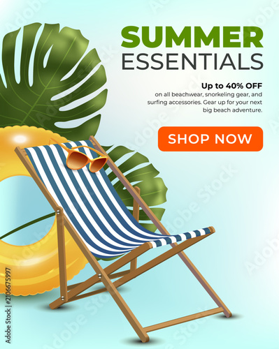 Bright summer scene invites relaxation. Blue-and-white deck chair rests beside green leaves. Sunhat leans casually on the seat. Yellow inflatable ring adds playful charm