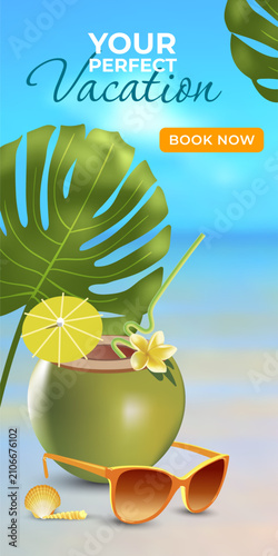 Tropical vacation vibe with fresh coconut drink. Lime slice and flower garnish add cheerful zest. Sunglasses rest beside the drink, hinting at sunny days. Monstera leaf creates lush
