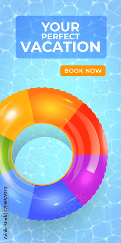 Bright inflatable ring floats in clear blue water. Sunlit pool tiles shimmer beneath gentle ripples. Vibrant colors invite joy and relaxation. Ideal for vacation ads or summer promotions