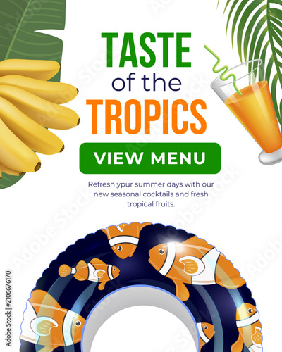 Tropical fruits and cocktails tempt summer refreshment. Bright bananas and a glass of juice gleam beside a leafy accent. Fish-patterned pool float invites fun and relaxation